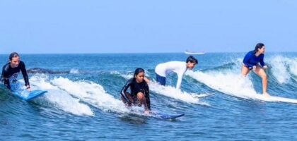 Surfing activity near resorts close to Morjim Beach