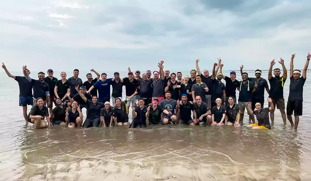Group team outing enjoying a beach experience near Morjim Beach