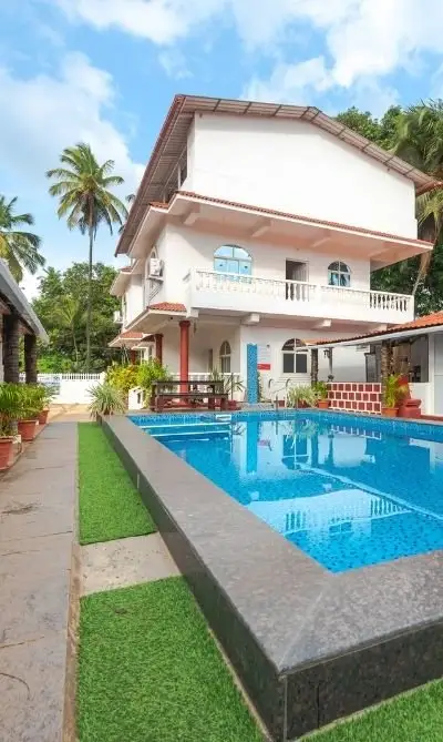 Best resort in Morjim featuring a luxury villa with swimming pool and tropical surroundings in North Goa